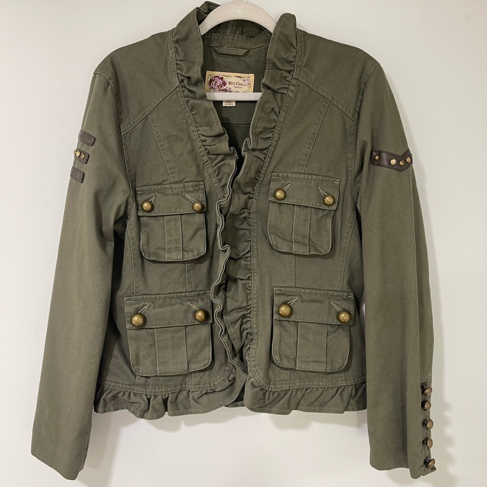Big Chill Vintage Utility Jacket Womens Medium Olive Green Ruffle Military Cargo